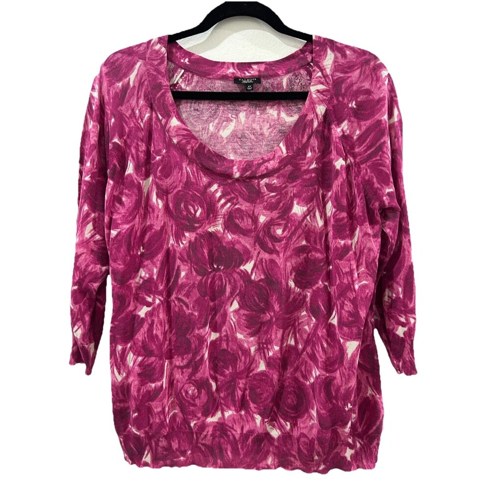 Talbots Womens Petites 2X Top Fuchsia And White Floral 3/4 Sleeves